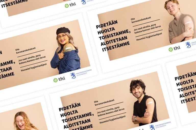 Kollaasi THL:n koronaviestintäkampanjan some-grafiikoista, osana Luma Creativen case-esittelyä.
