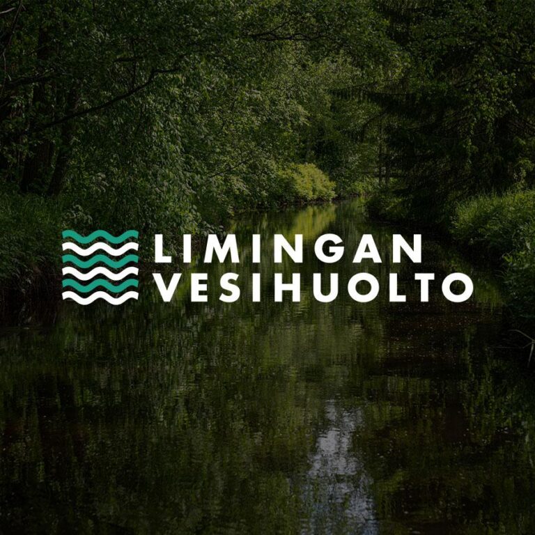 Luma Creative suunnittelema Limingan Vesihuolto bränditunnus visualisoituna luontoaiheisen taustakuvan päällä.