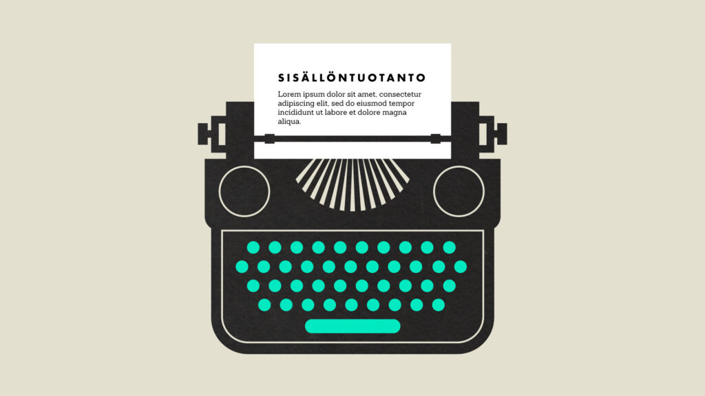 Luma Creativen blogiartikkelin pääkuva, jossa on moderni ja tyyliteltä graafinen kuvitus perinteisestä kirjoituskoneesta. Kuvitus visualisoi luovaa kirjoittamista ja tekstisuunnittelua Luma Creativen tunnistettavan yritysilmeen mukaisilla väreillä.