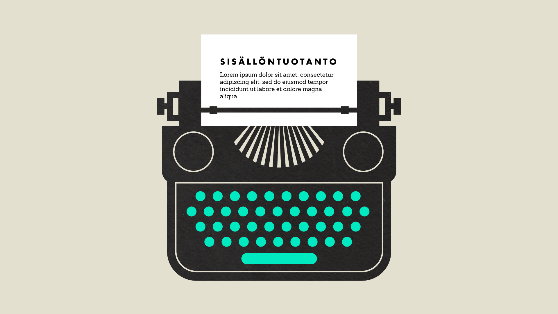 Luma Creativen blogiartikkelin pääkuva, jossa on moderni ja tyyliteltä graafinen kuvitus perinteisestä kirjoituskoneesta. Kuvitus visualisoi luovaa kirjoittamista ja tekstisuunnittelua Luma Creativen tunnistettavan yritysilmeen mukaisilla väreillä.