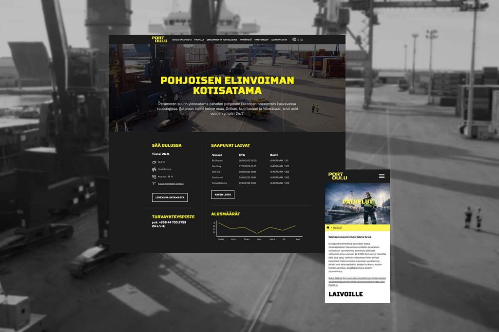 Oulun Satama WordPress-verkkosivuston etusivun työpöytä- ja mobiilinäkymät, joissa korostuvat tumma teema, keltainen korostusväri ja satamatoimintaa kuvaavat elementit.