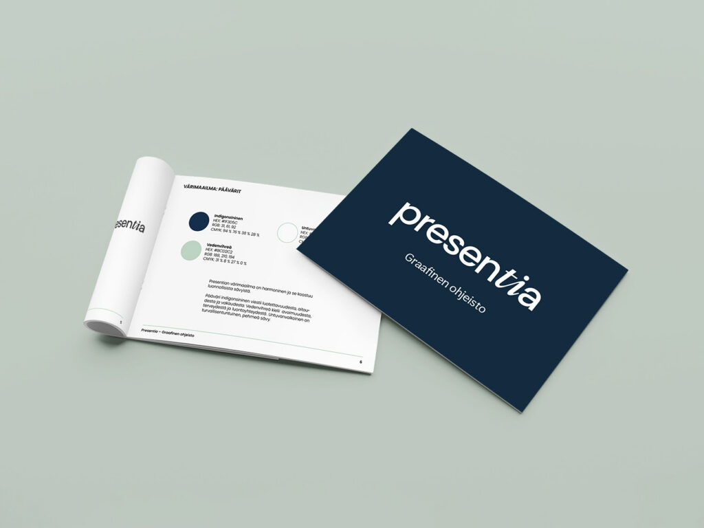 Fotorealistinen esitys Presentian graafisesta ohjeistosta (brand book) avattuna, esitellen määritellyt brändivärit ja typografian osana case-esittelyä.