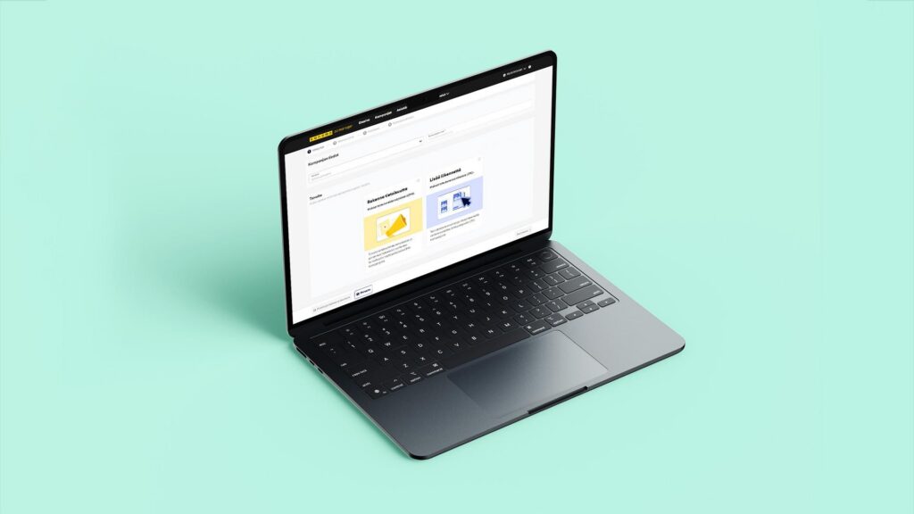 Luma Creativen blogiartikkelin pääkuva, jossa on kannettava tietokone mintunvihreällä taustalla. Kuvitus visualisoi modernia display-mainonnan hallintaa digitaalisessa ympäristössä.