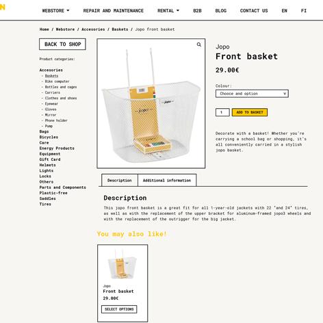 Bicyclean Helsinki WooCommerce-verkkokaupan tuotesivun työpöytänäkymä, joka esittelee polkupyörän etukorin ja noudattaa brändin mukaista selkeää designia.