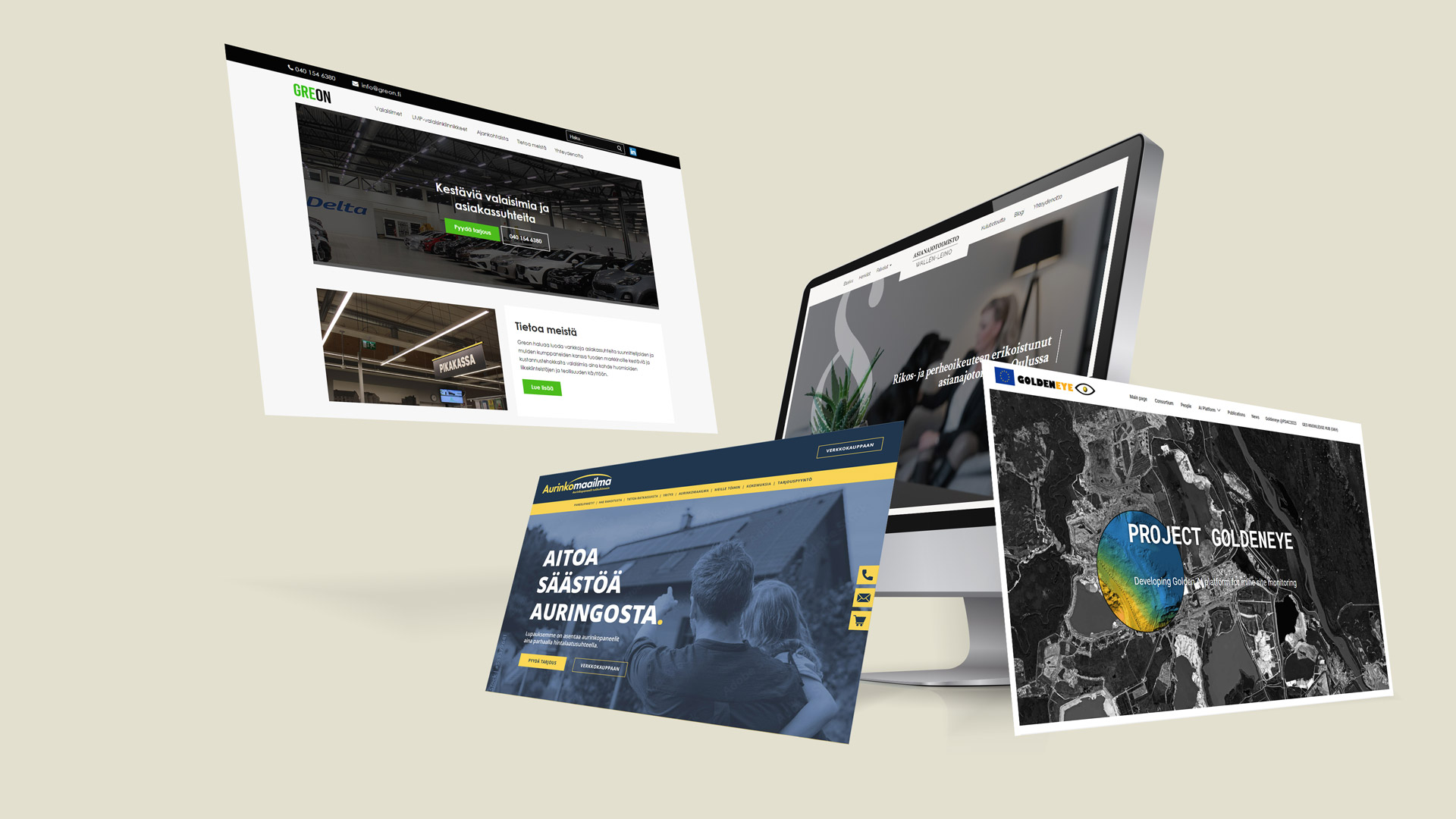 Luma Creativen blogiartikkelin pääkuva, jossa esitellään useita erilaisia verkkosivustototeutuksia dynaamisena kollaasina. Kollaasi symboloi WordPress-verkkosivuston ulkoasun uudistamista (facelift) ja visuaalisen ilmeen raikastamista Luma Creativen asiantuntemuksella.