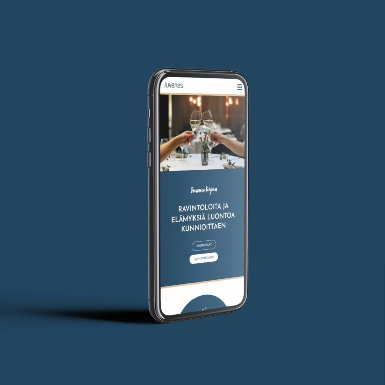 Visualisointi Juvenes ketjun Ravintola Frenckell & Piha mobiilisovelluksen sivusta älypuhelimen näytöllä. Suunntellut ja verkkosivut toteuttanut Luma Creative.