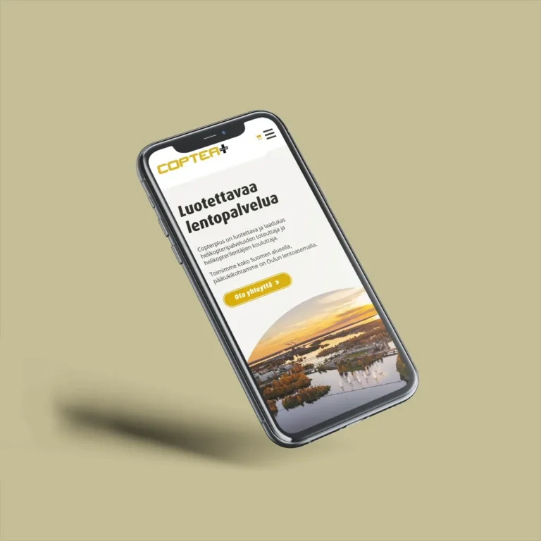 Luma Creativen optimoima Copterplus mobiilisivusto kännykkä mockupissa.