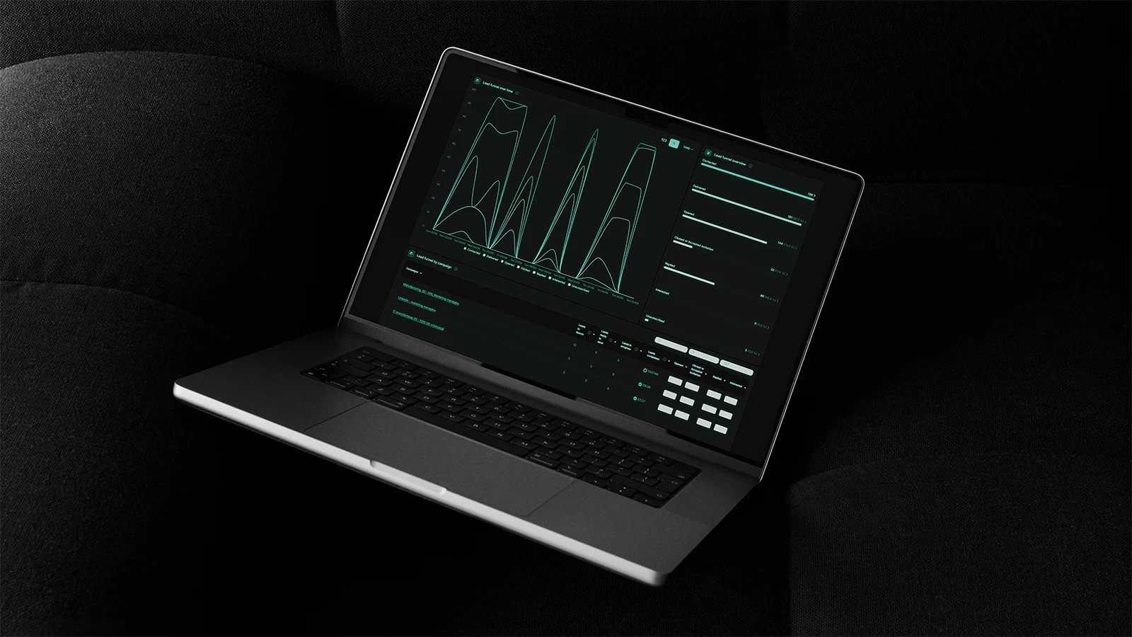 Luma Creativen blogiartikkelin pääkuva, jossa on kannettava tietokone asetettuna tummalle, minimalistiselle taustalle. Kuvitus visualisoi tekoälyn hyödyntämistä liidigenaroinnissa ja tehokasta datan seurantaa Luma Creativen yritysilmeen mukaisesti.
