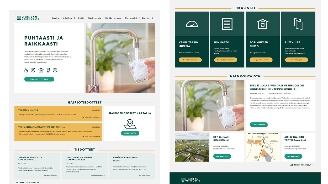 Luma Creative toteuttama Limingan Vesihuolto verkkosivusto layout visualisointi.