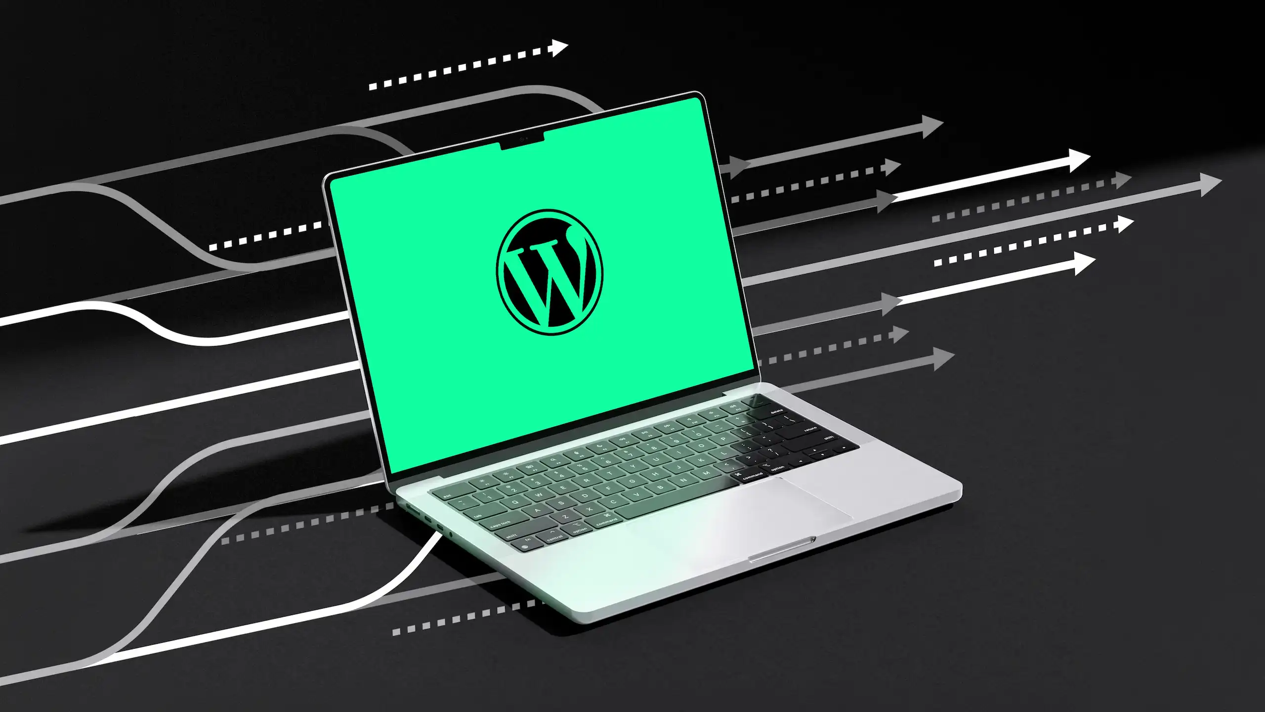 Wordpress-logo kirkkaan vihreällä taustalla läppärin näytöllä. Taustalla on nuoligrafiikka, joka kuvaa siirtymistä uuteen.