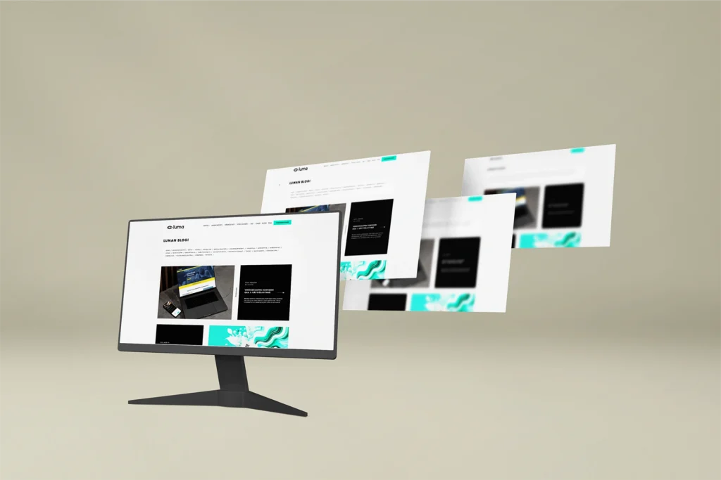 Luma Creativen blogiartikkelin pääkuva, jossa on työpöytänäkymä tietokonenäytöllä sekä useita ilmassa leijuvia selainsivuja. Kuvitus symboloi WordPress-sivuston teknistä rakennetta ja useiden sivujen hallintaa SEO-kontekstissa.