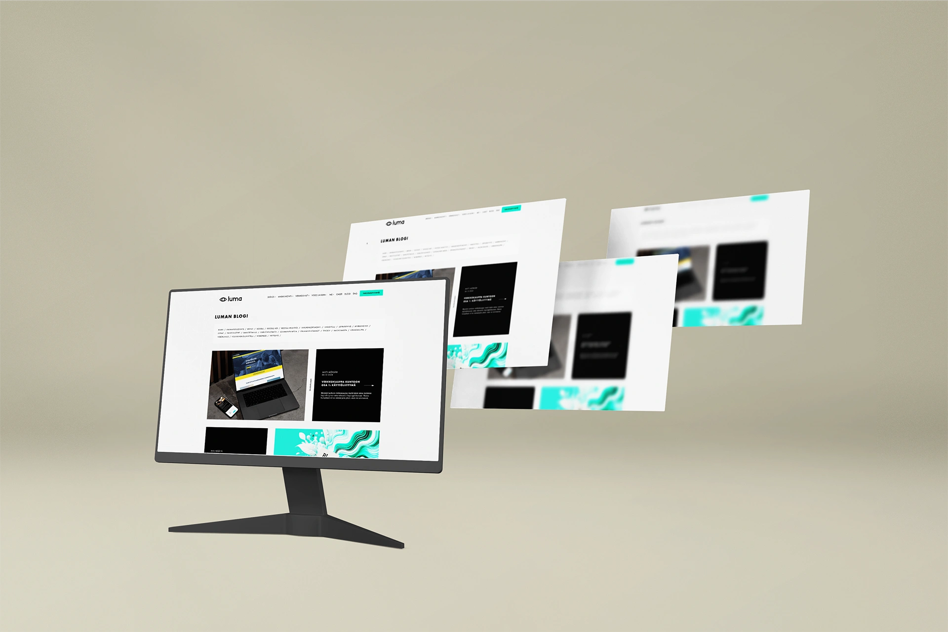 Luma Creativen blogiartikkelin pääkuva, jossa on työpöytänäkymä tietokonenäytöllä sekä useita ilmassa leijuvia selainsivuja. Kuvitus symboloi WordPress-sivuston teknistä rakennetta ja useiden sivujen hallintaa SEO-kontekstissa.
