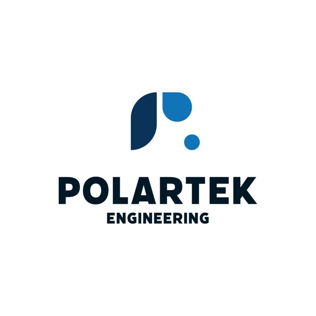 Polartek Engineering uusi logo tummansinisellä ja valkoisella taustalla, jossa on moderni typografia ja graafinen P-symboli. (Luma Creativen suunnittelema)