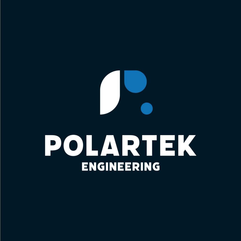 Polartek Engineering uusi logo tummansinisellä ja valkoisella taustalla, jossa on moderni typografia ja graafinen P-symboli. (Luma Creativen suunnittelema)