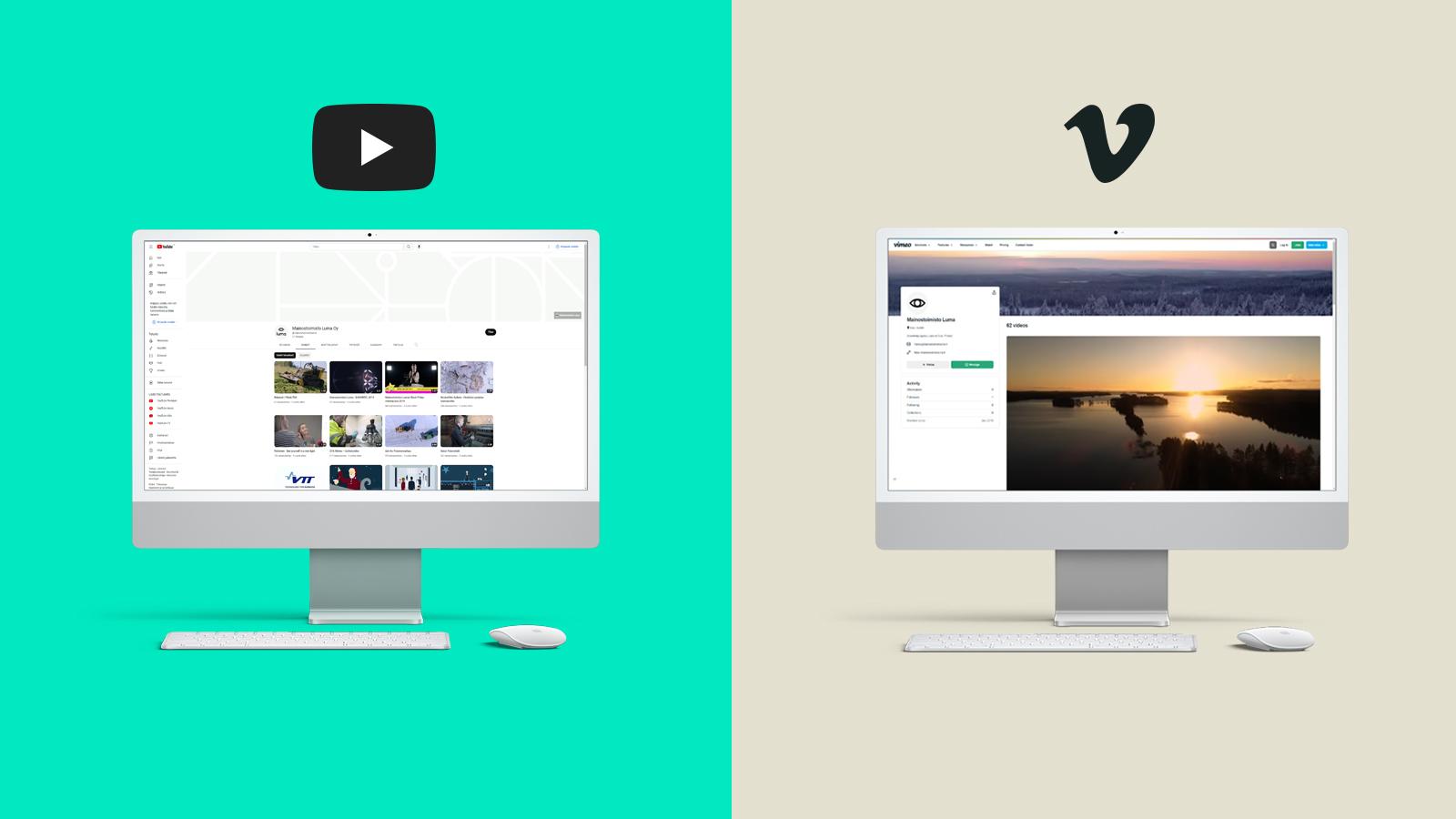 Luma Creativen vertailukuva, jossa on rinnakkain kaksi tietokoneen näyttöä eri taustaväreillä. Kuvitus havainnollistaa YouTuben ja Vimeon välisiä eroja visuaalisessa ilmeessä ja palveluiden luonteessa.