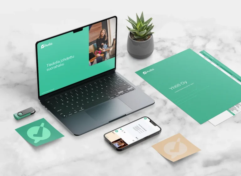 Luma Creative toteutti Avila Oy:n Brändi-ilmeen yhtenäistämisen ja muuta graafista suunnittelua, esiteltynä tyylikkäässä mockup-asetelmassa.