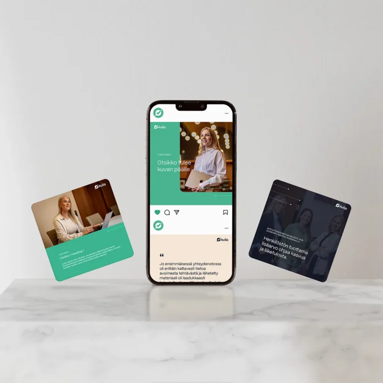 Luma Creativen toteuttamat Avilan sosiaalisen median pohjat. Avila-mobiilisovellus ja some-julkaisumallit älypuhelimen näytöllä ja kelluvissa korteissa.
