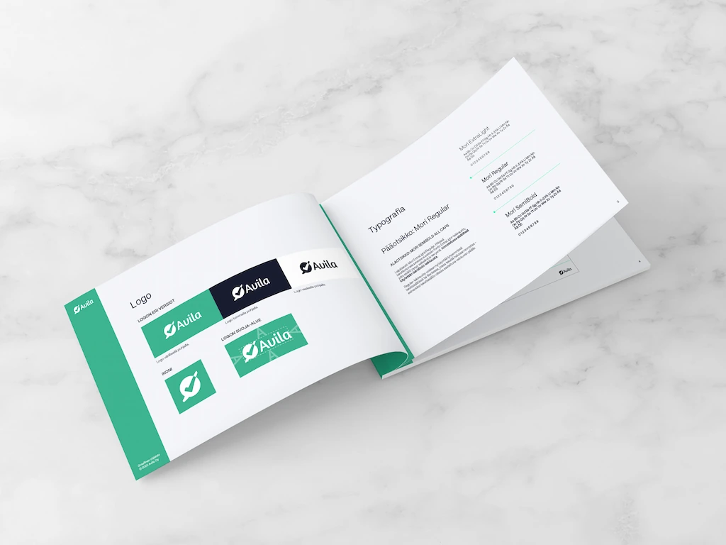Luma Creativen suunnittlema yritysilmeen facelift Avilalle. Avoin Avila-brändioppaan sivu, joka esittelee logo-variantteja, suojavyöhykkeitä ja typografia-ohjeita.