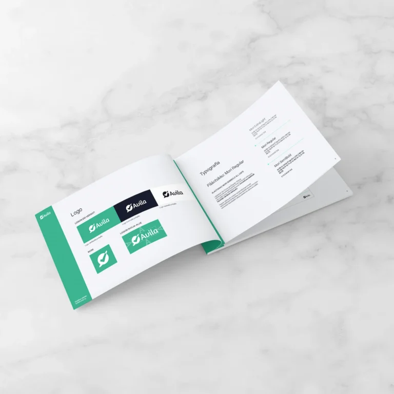 Luma Creativen suunnittlema yritysilmeen facelift Avilalle. Avoin Avila-brändioppaan sivu, joka esittelee logo-variantteja, suojavyöhykkeitä ja typografia-ohjeita.
