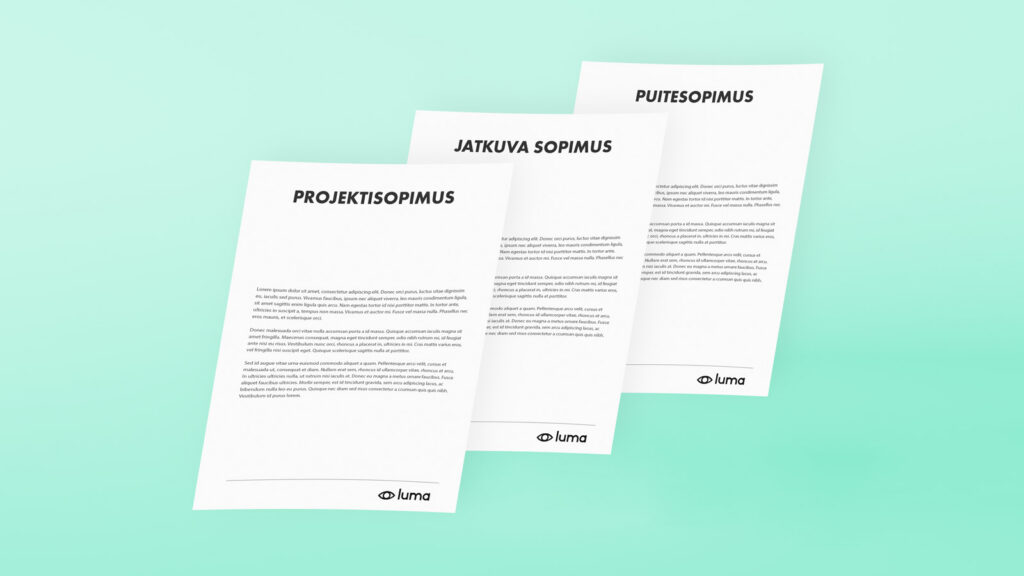 Luma Creativen blogiartikkelin pääkuva, jossa on kolme valkoista sopimuspaperia aseteltuna mintunvihreälle taustalle. Kuvitus visualisoi mainostoimiston erilaisia yhteistyömalleja ja selkeää sopimuskäytäntöä.