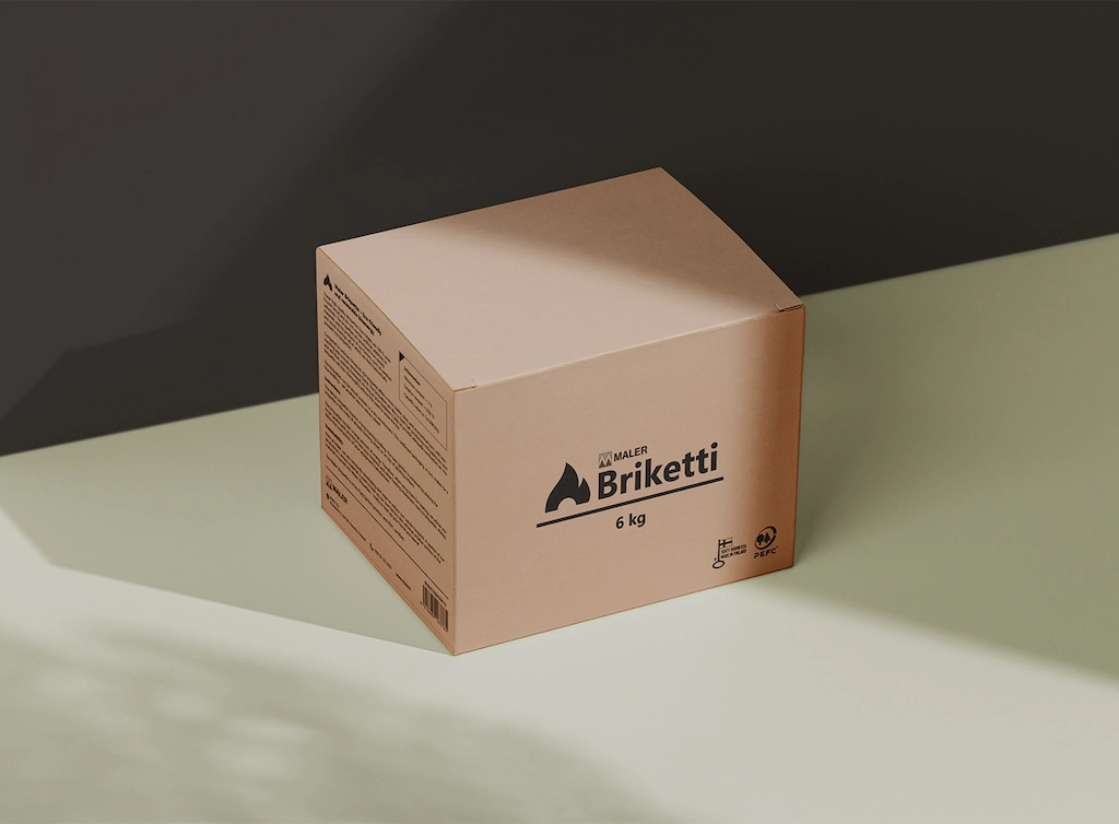 Luma Creativen suunnittelema Maler polttobriketti tuote laatikko, visualisoimassa Briketti brändi ilmettä.