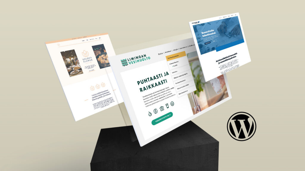 Luma Creativen blogiartikkelin pääkuva, jossa esitellään kolmea erilaista verkkosivustototeutusta dynaamisena kollaasina vaalealla taustalla. Kuvitus visualisoi valinnan tekemistä valmisteeman ja kustomoidun teeman välillä, korostaen WordPress-alustan monipuolisuutta.