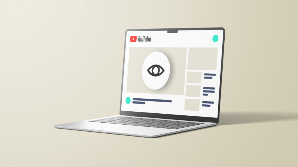 Luma Creativen blogiartikkelin pääkuva, jossa on kannettava tietokone vaalealla, minimalistisella taustalla. Kuvitus visualisoi videosisällön näkyvyyttä ja YouTube-mainonnan mahdollisuuksia Luma Creativen selkeän yritysilmeen mukaisesti.