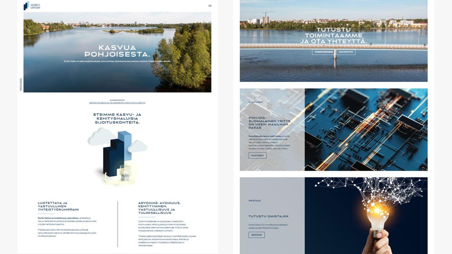 Nordic Option WordPress-verkkosivuston etusivun ja alasivujen työpöytänäkymät, joissa korostuvat laadukkaat maisemakuvat, tummansininen brändiväri ja selkeä asettelu.