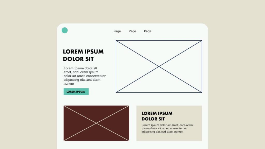Luma Creativen graafinen havainnekuva, joka esittää verkkosivuston rautalankamallia (wireframe) vaalealla taustalla. Kuvitus havainnollistaa verkkosivuston visuaalisen hierarkian, kontrastien ja selkeän asettelun merkitystä saavutettavan digitaalisen tuotteen suunnittelussa.
