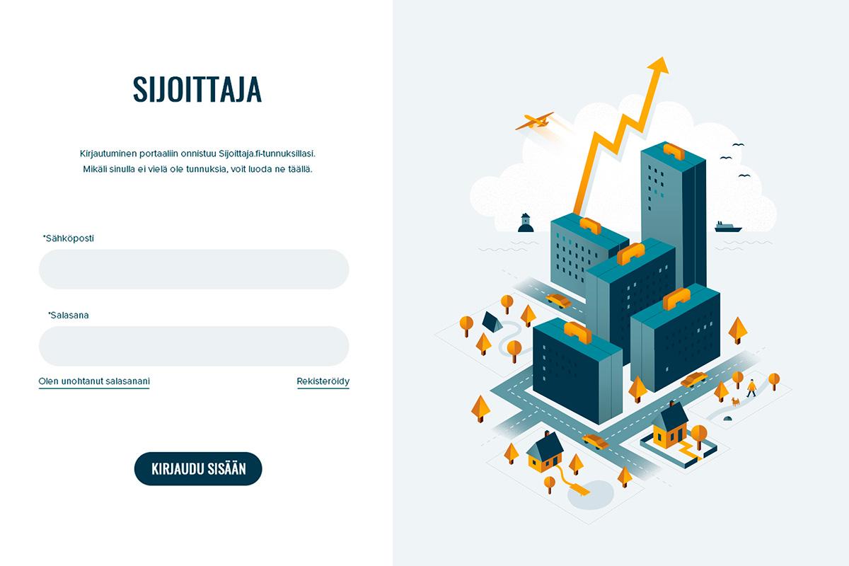 Sijoittajaportaali-verkkopalvelun kirjautumissivun työpöytänäkymä, jossa yhdistyvät moderni käyttöliittymäsuunnittelu ja Luma Creativen toteuttama brändin mukainen graafinen kuvitus.