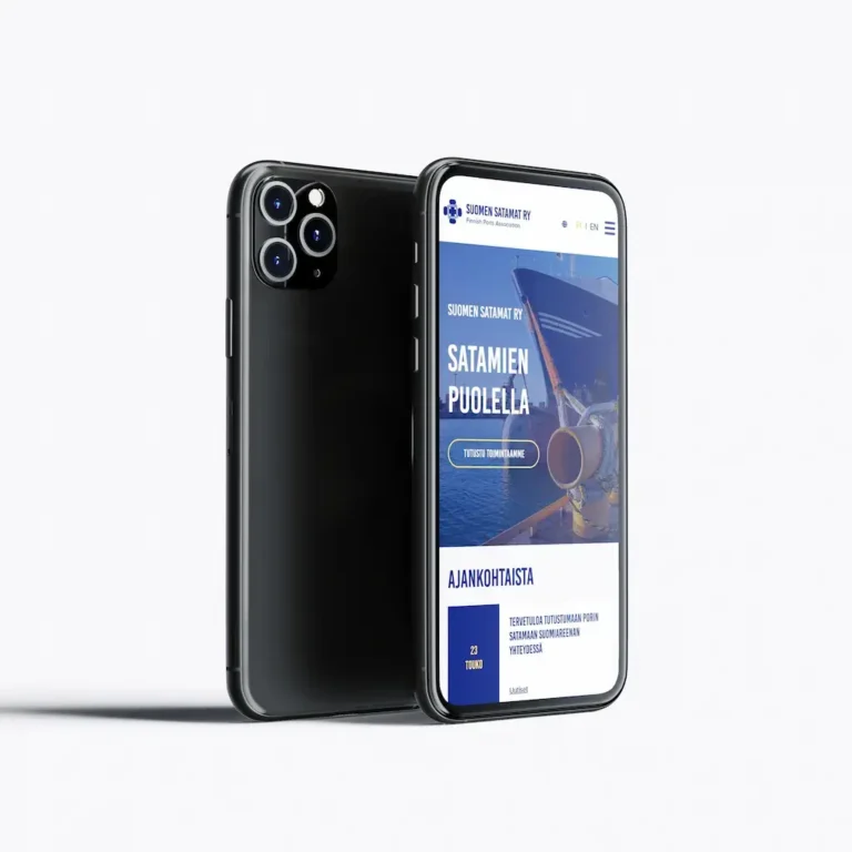Luma Creativen suunnittelema Suomen Satamat ry mobiilisivuston etusivu mockup älypuhelimen näytöllä.