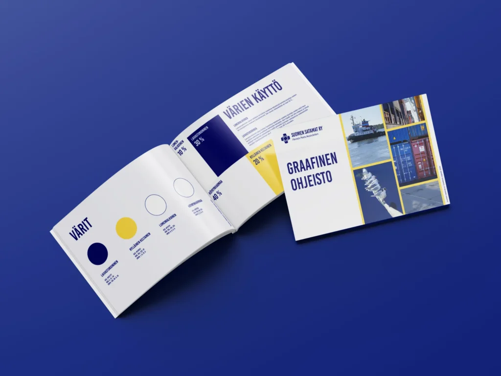 Luma Creativen suunnittelema Suomen Satamat ry graafinen ohjeisto avoimena kirjana, visualisoimassa brändin värimaailmaa ja logo variantteja.