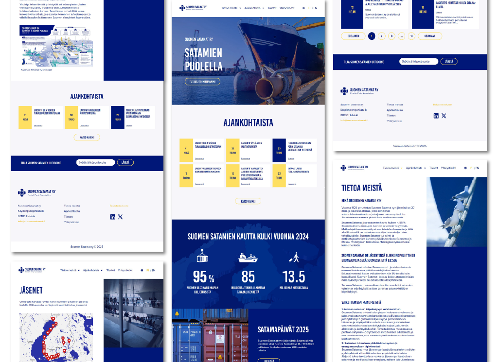 Luma Creativen toteuttamat Suomen Satamat ry verkkosivuston sitemap rakenteen eri sivupohjat visualisoituna.