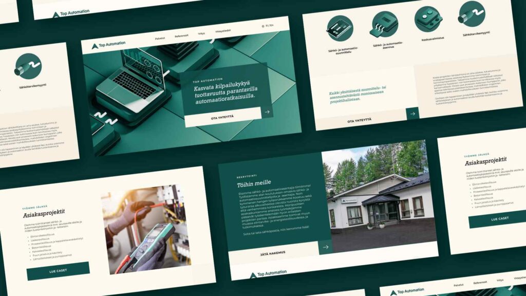 Top Automation WordPress-verkkosivuston useita eri näkymiä esittelevä kollaasi, jossa korostuvat tummanvihreä ja beige värimaailma sekä selkeä käyttöliittymäsuunnittelu.