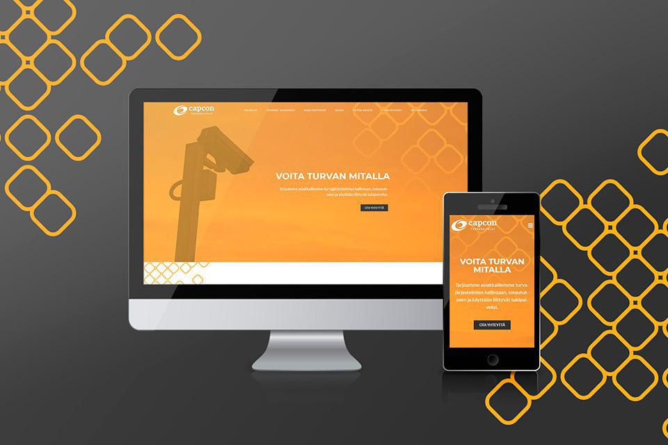 Capconin WordPress-verkkosivuston käyttöliittymäsuunnittelua, jossa työpöytänäkymät esittelevät turvallisuusratkaisuja. Designissa korostuvat kirkas oranssi tehosteväri, valvontakamerakuvitus sekä selkeä ja moderni asettelu.