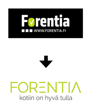 Forentia logo-uudistuksen visuaalinen vertailu, jossa vanha tumma ogo muuttuu uudeksi (Luma Creativen suunnittelema uusi yritysilme)