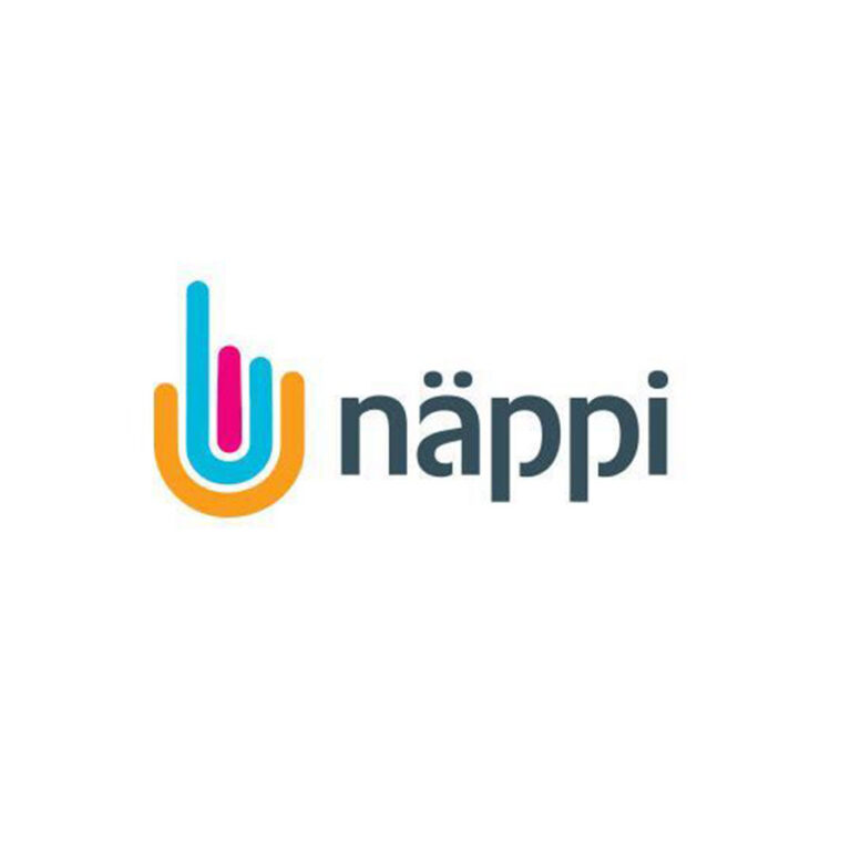 Luma Creativen suunnittelema Näppi-logo valkoisella taustalla. Logossa on moderni typografia ja värikäs symboli, joka muodostuu sormenpäätä ja painallusta muistuttavista oransseista, turkooseista ja pinkeistä kaarista.