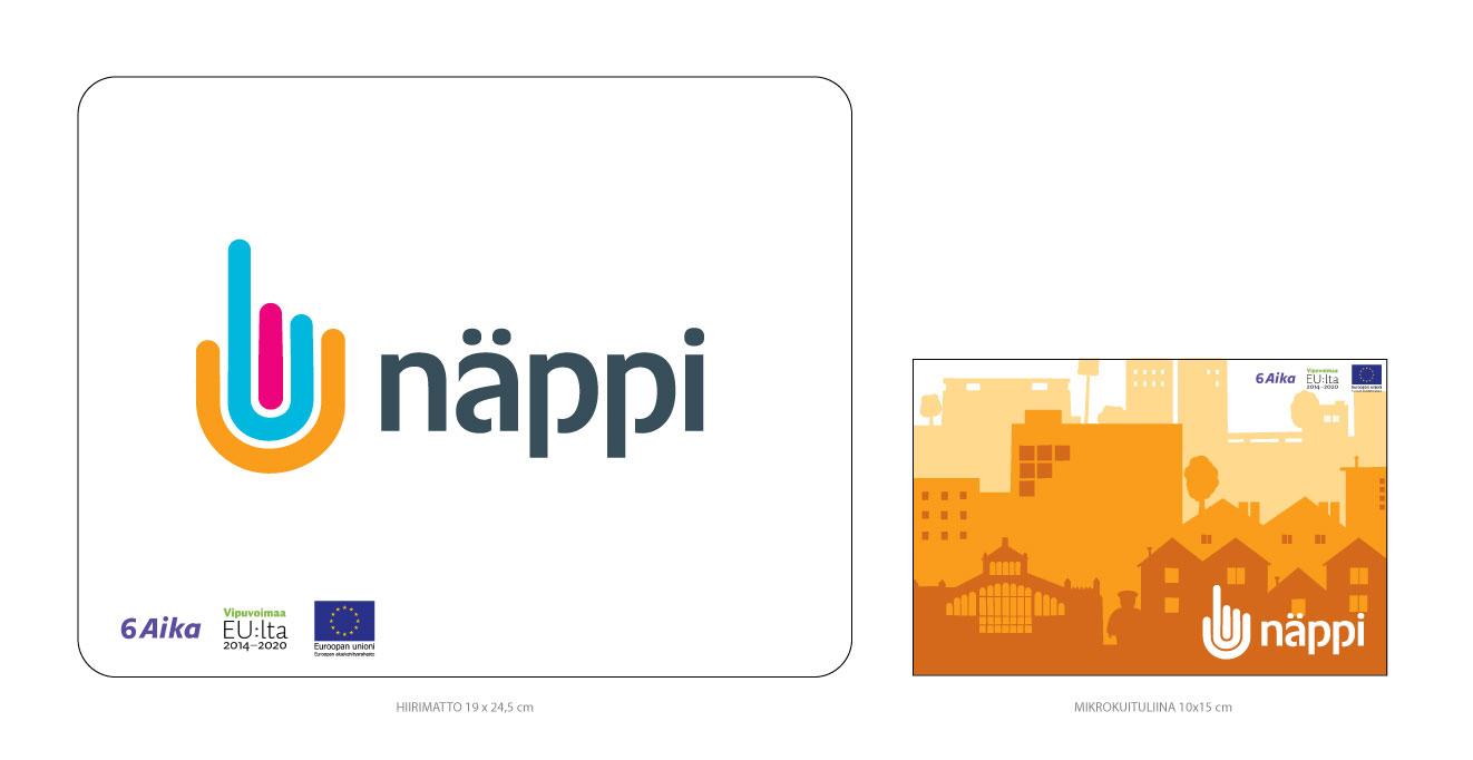 Näppi-brändätty hiirimatto ja mikrokuituliina, joissa toistuvat yrityksen logo, värikäs visuaalinen ilme sekä rahoittajalogot osana Luma Creativen toteuttamaa kokonaisvaltaista brändisuunnittelua.