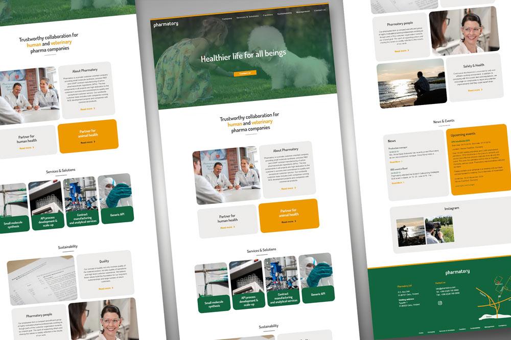 Pharmatoryn WordPress-verkkosivuston käyttöliittymäsuunnittelua, jossa työpöytänäkymät esittelevät yrityksen palveluita. Design on selkeä, ja siinä korostuvat yritysilmeen mukaiset vihreät ja keltaiset värit sekä lääketieteelliseen kontekstiin sopivat kuvituskuvat.