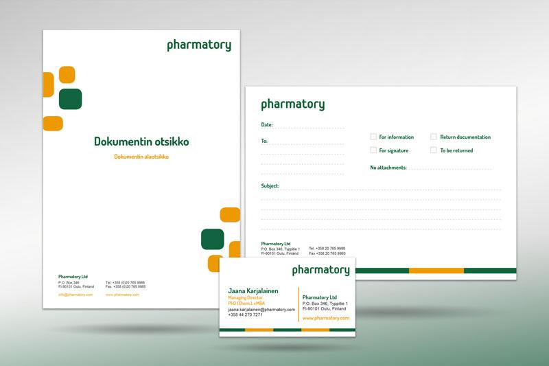 Pharmatoryn yritysilmeen mukaiset dokumenttipohjat ja käyntikortti, joissa toistuvat moderni typografia sekä tunnistettavat vihreät ja keltaiset graafiset elementit valkoisella taustalla.