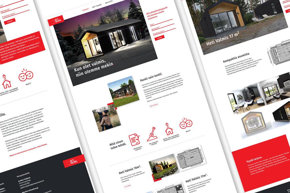 Tilaelementin WordPress-verkkosivuston käyttöliittymäsuunnittelua, jossa työpöytänäkymät esittelevät yrityksen moderneja moduulitaloja. Designissa korostuvat vahva punainen tehosteväri, selkeät ikonit sekä laadukkaat valokuvat rakennuksista ja pohjapiirroksista.