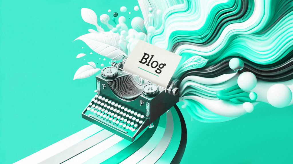 Luma Creativen blogiartikkelin pääkuva, jossa on moderni ja abstrakti 3D-kuvitus. Kuvassa on vihreä kirjoituskone, josta nousee valkoinen paperi tekstillä "Blog".