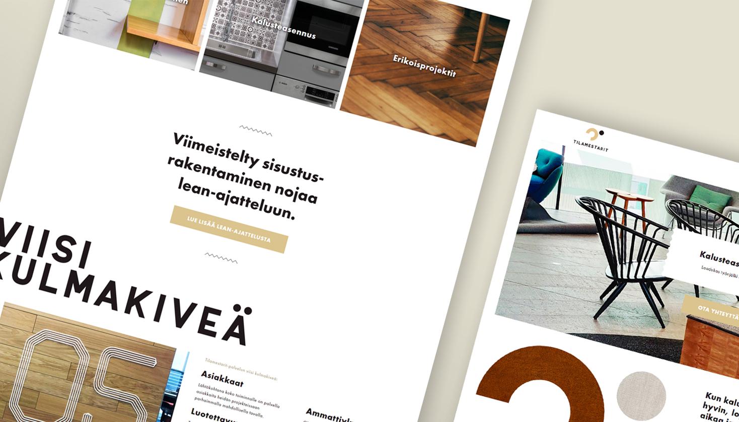 Tilamestarit WordPress-verkkosivuston etusivun työpöytänäkymät osana Luma Creativen case-esittelyä, korostaen skandinaavista designia ja lean-ajattelua sisustusrakentamisessa.